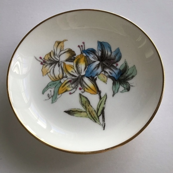 Minton English Bone China Tiger Lilly Trinket Dish Blue & Yellow Floral Vintage - Picture 7 of 10
